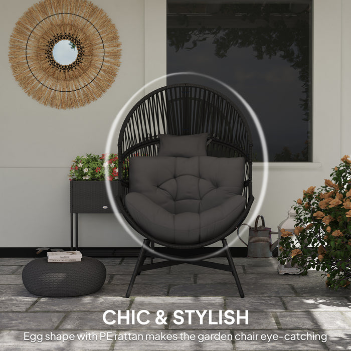 Outsunny Standing Rattan Egg Chair Outdoor, Oversized Wicker Garden Egg Chair with Thick Tufted Cushion, Headrest, Steel Frame, Charcoal Grey