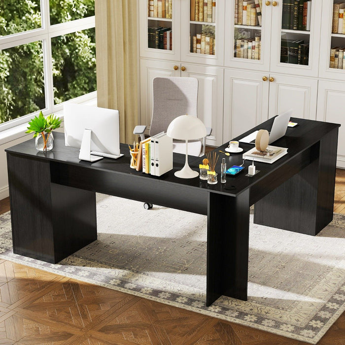 L-shaped Computer Desk with Power Outlets and 2 Storage Drawers-