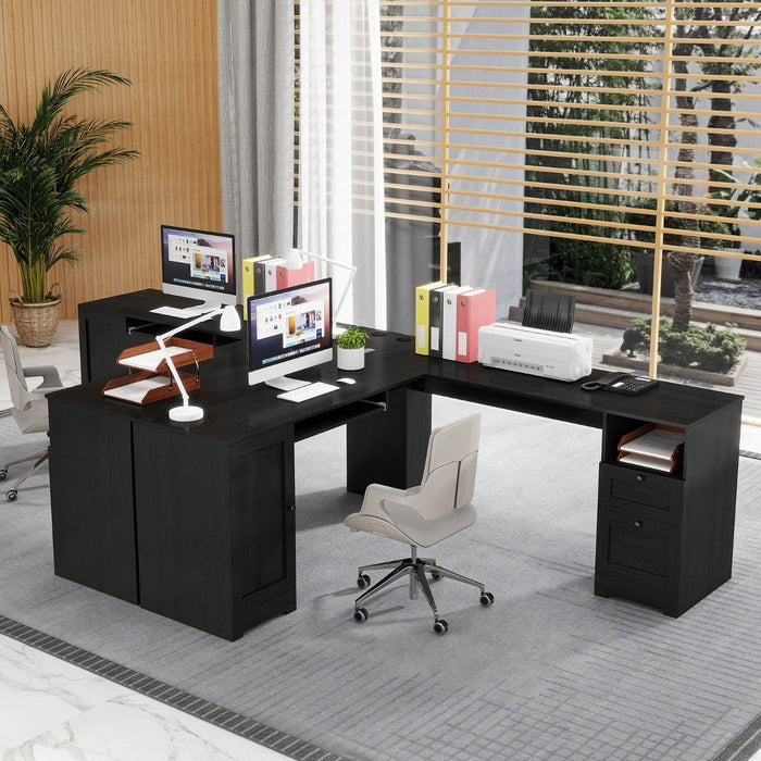 L-shaped Computer Desk with Power Outlets and 2 Storage Drawers-