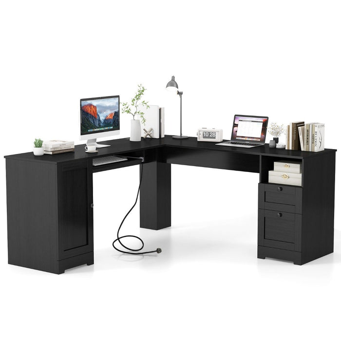 L-shaped Computer Desk with Power Outlets and 2 Storage Drawers-