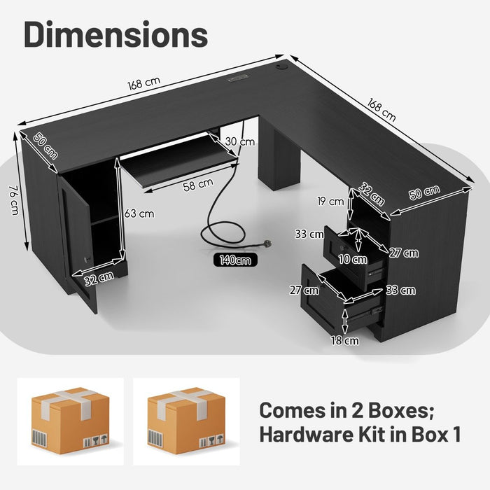 L-shaped Computer Desk with Power Outlets and 2 Storage Drawers-