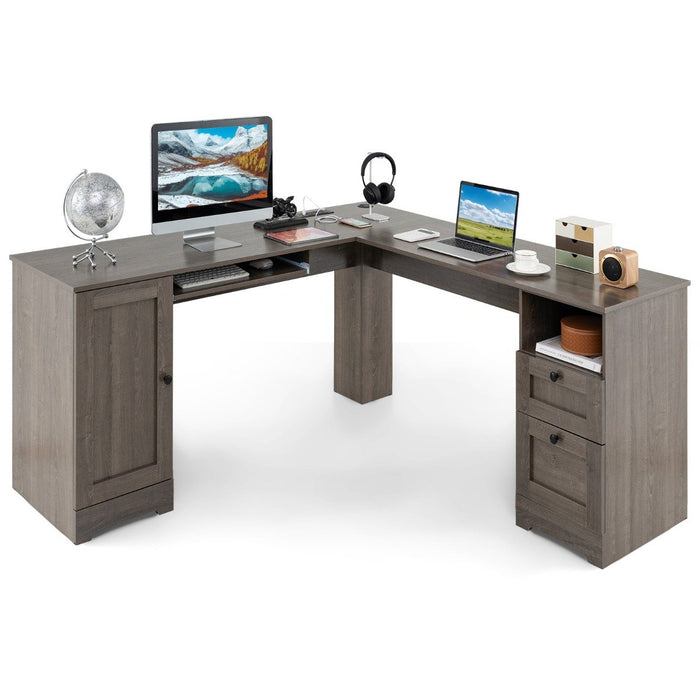 L-shaped Computer Desk with Power Outlets and 2 Storage Drawers-