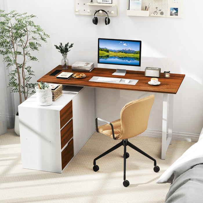 L-Shaped Desk with File Cabinet and Power Outlet-