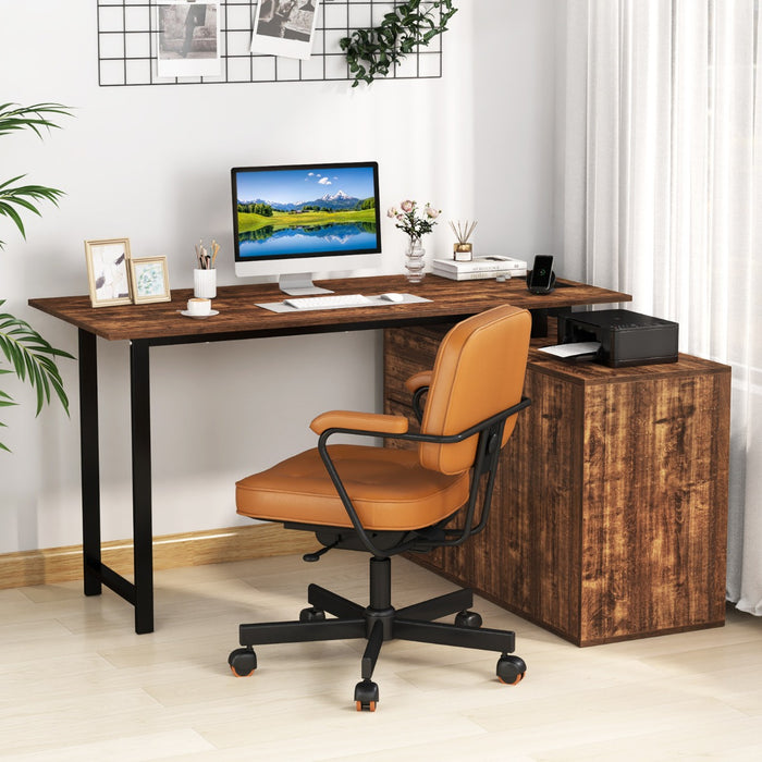 L-Shaped Desk with File Cabinet and Power Outlet-