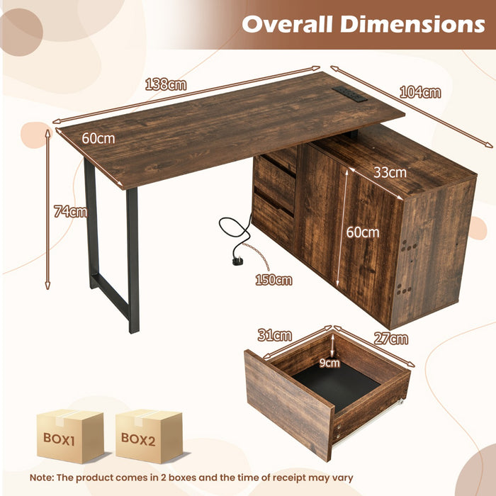 L-Shaped Desk with File Cabinet and Power Outlet-