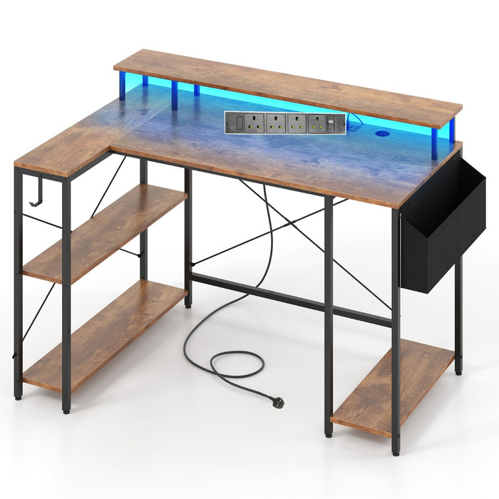 L-Shaped Gaming Desk 120 cm Computer Desk with LED Lights and Power Outlets-Rustic Brown