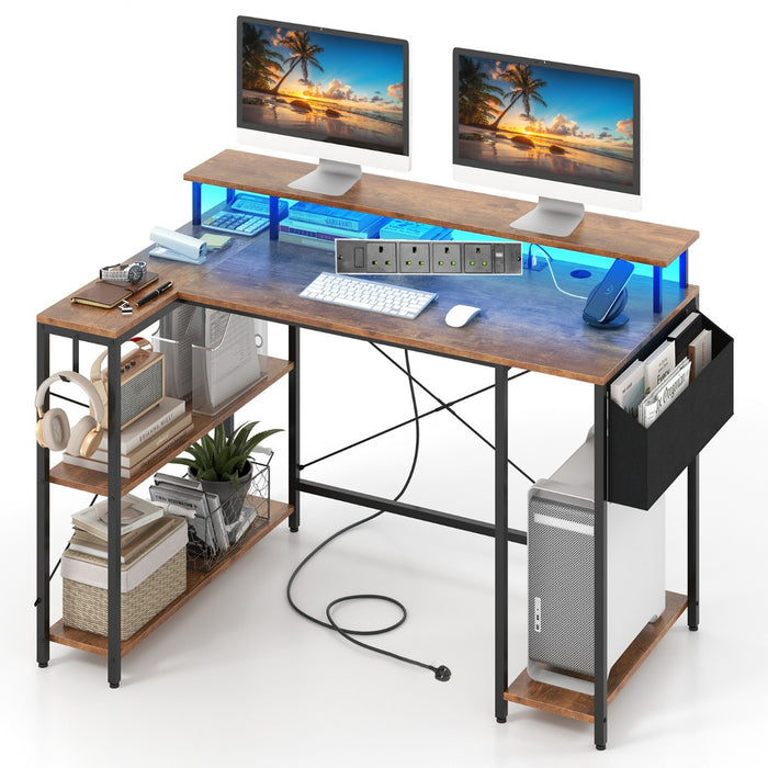 L-Shaped Gaming Desk 120 cm Computer Desk with LED Lights and Power Outlets-Rustic Brown