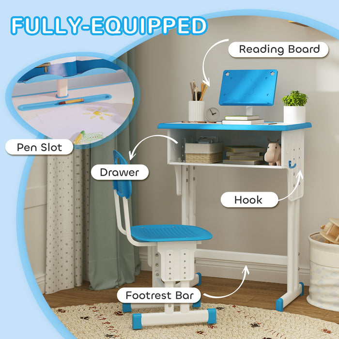 HOMCOM Kids Adjustable Desk and Chair Set, Book Stand, Pen Slot - Blue | Aosom UK