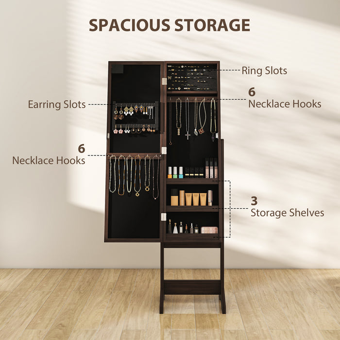 HOMCOM Free Standing Mirror Jewelry Cabinet with LED Lights, Jewellery Organiser with 3 Angle Adjustable, Full-Length Mirror with Storage for Earrings, Necklaces, Rings and Lipsticks, Dark Brown