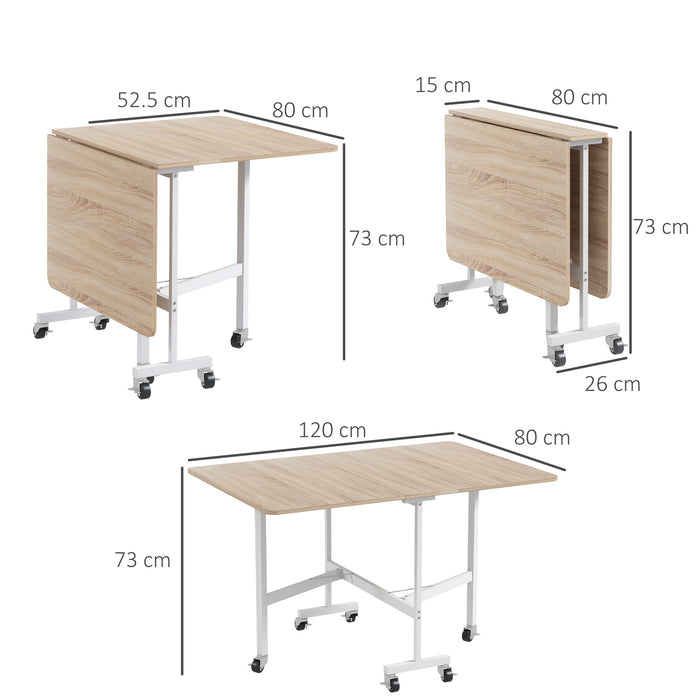 Rolling Drop-Leaf Table with Metal Frame - 120cm Folding Dining Solution for Small Spaces - Versatile Kitchen Furniture with Natural Wood Finish