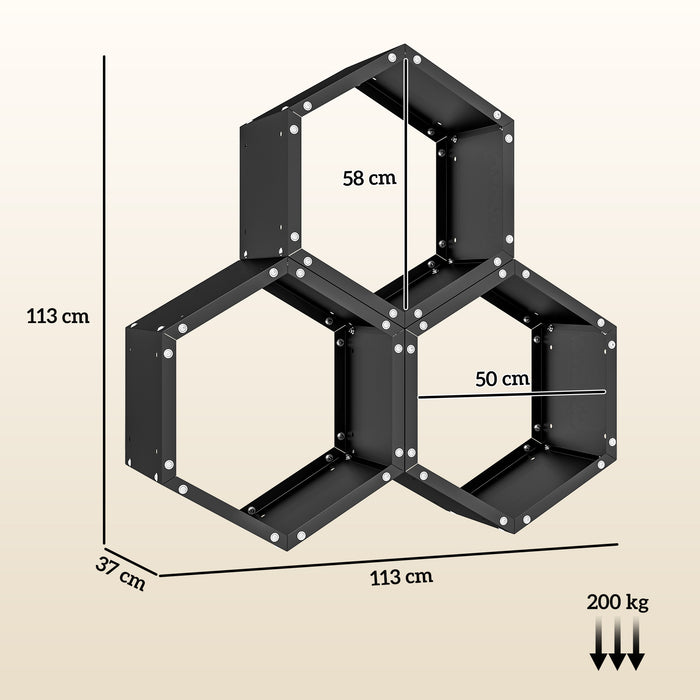 Outsunny Fireplace Log Rack, Steel Firewood Log Holder, 3 Hexagon Boxes, Indoor Outdoor Wood Storage Shelf, 113 x 37 x 113cm, Black | Aosom UK