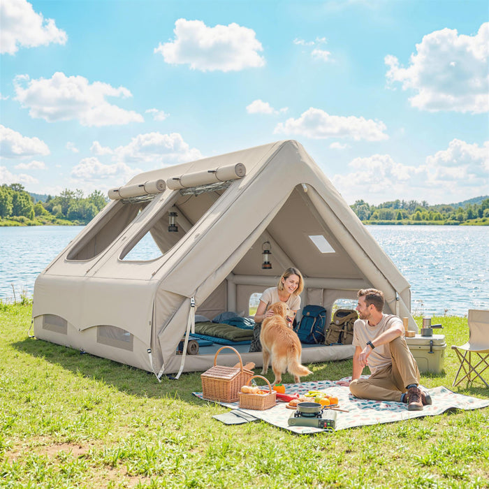 Outsunny Inflatable Camping Tent, 4 Season Hot Tent 10000mm Waterproof with Chimney Opening, Sky Light and Air Pump, Khaki