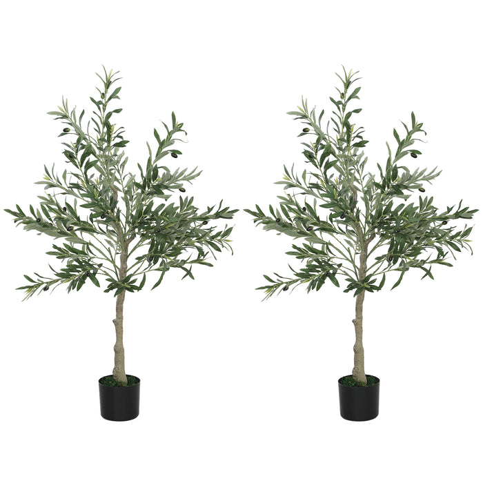 HOMCOM Set of 2 4ft/ 120cm Decorative Artificial Plant, Silk Olive Tree with 450 Leaves and 20 Olive Fruits in Pot, Fake Plant for Home, Office, Living Room, Indoor Decor