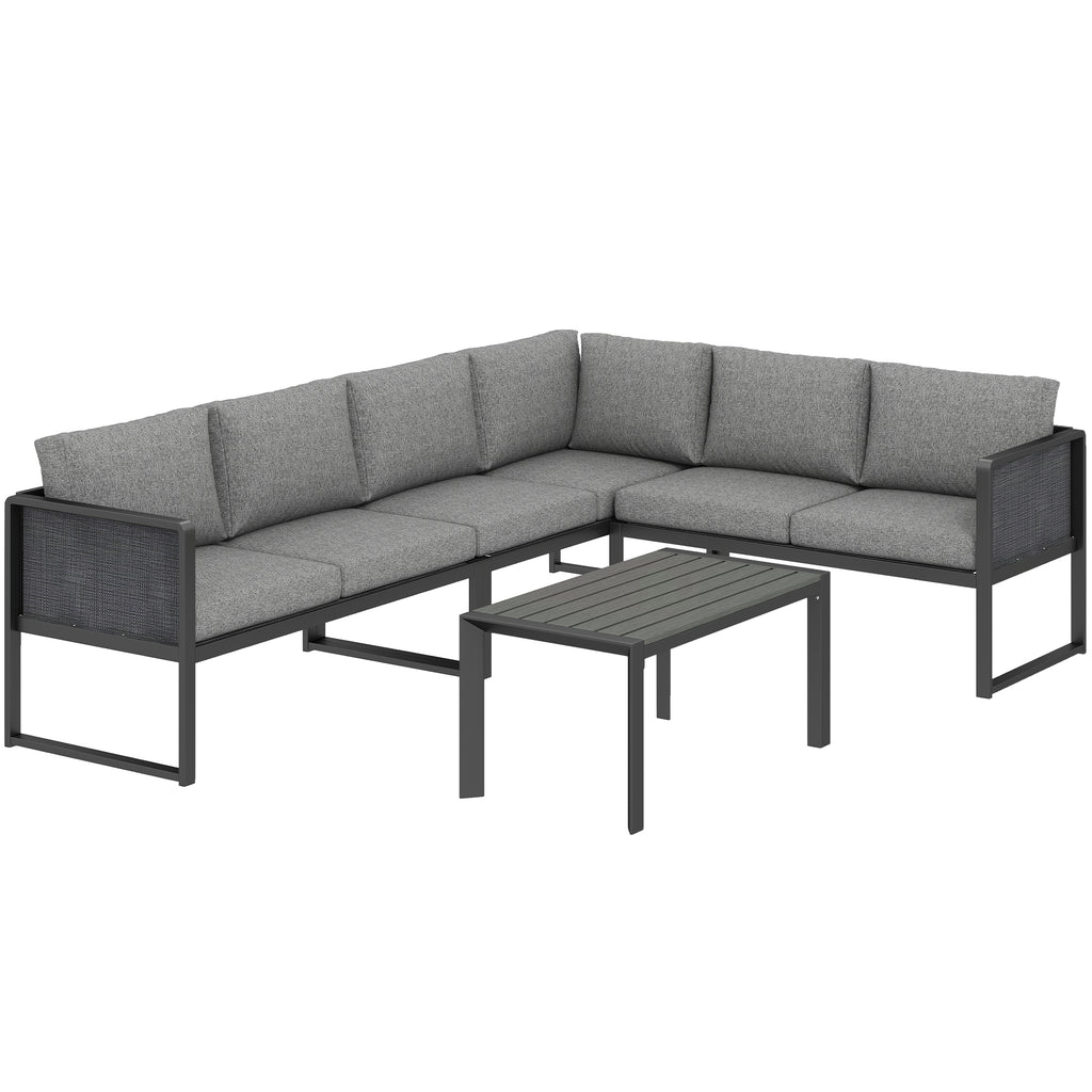 Outsunny 6 Seater Metal Garden Furniture Corner Sofa Set with 3 Loveseats, Faux Wood Table, Texteline Seat, Cushions, Dark Grey