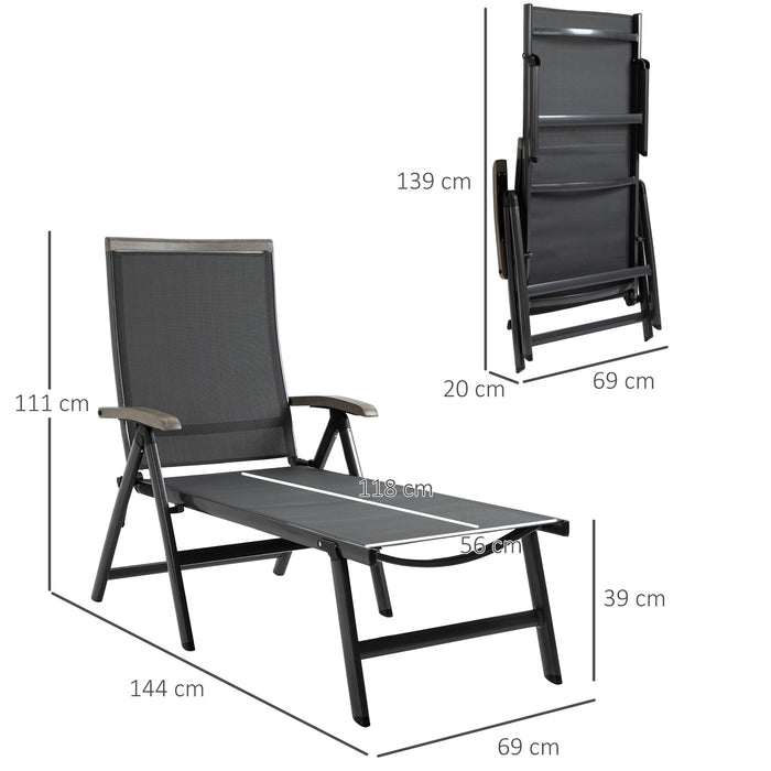 Outsunny Set of 2 Outdoor Folding Sun Loungers, 5-Position Adjustable Chaise Lounge Chairs with Aluminium Frame for Patio, Garden, Grey