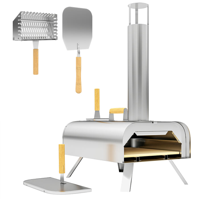 Outsunny Outdoor Pizza Oven, Portable Wood Pellet Pizza Oven with Pizza Stone and Peel, Foldable Legs, Chimney, 12 Inch Wood Fired Pizza Maker for Outdoor Cooking, Stainless Steel