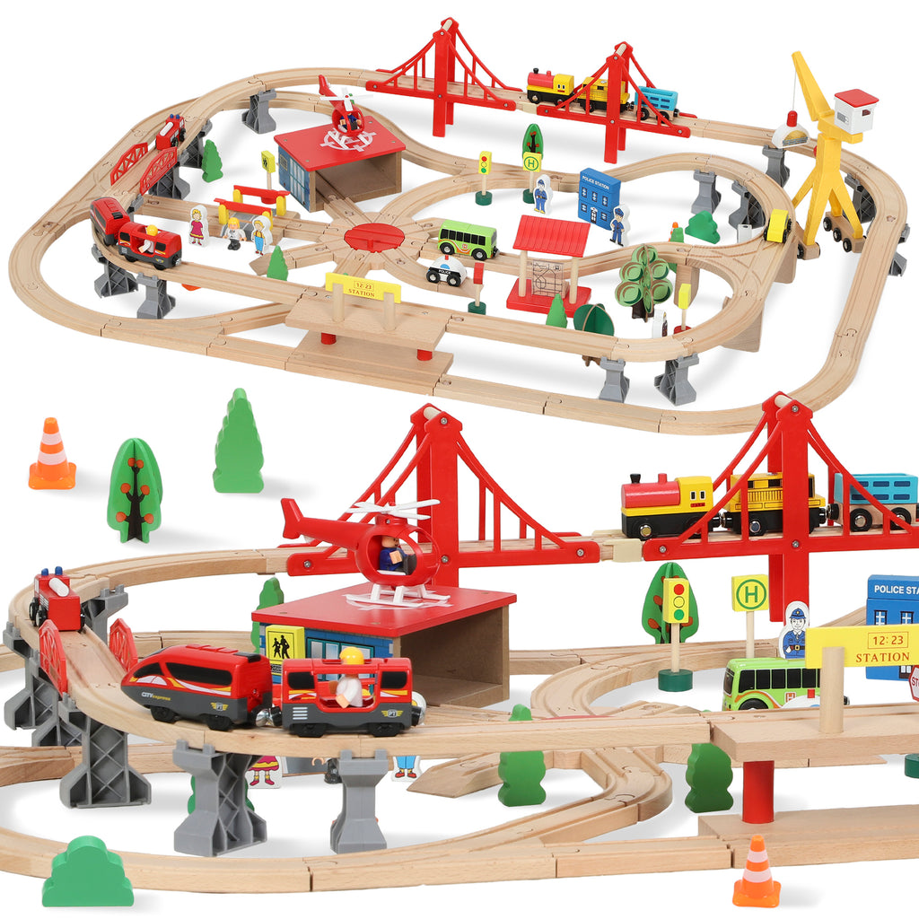 AIYAPLAY 133-Piece Wooden Train Set, Toy Train with Crane, Storage Box, for Kids Ages 3+