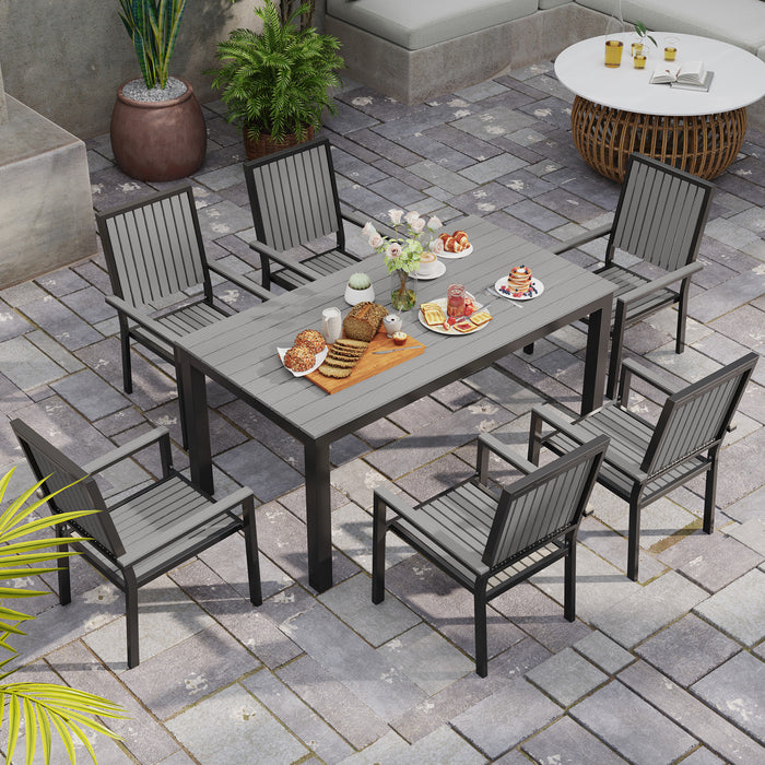Outsunny 6 Seater Garden Dining Set with Stackable Chairs, Aluminium Frame, Rectangular Plastic Top, Garden Furniture Set, Outdoor Dining Table and Chairs for Patio, Balcony, Poolside, Grey