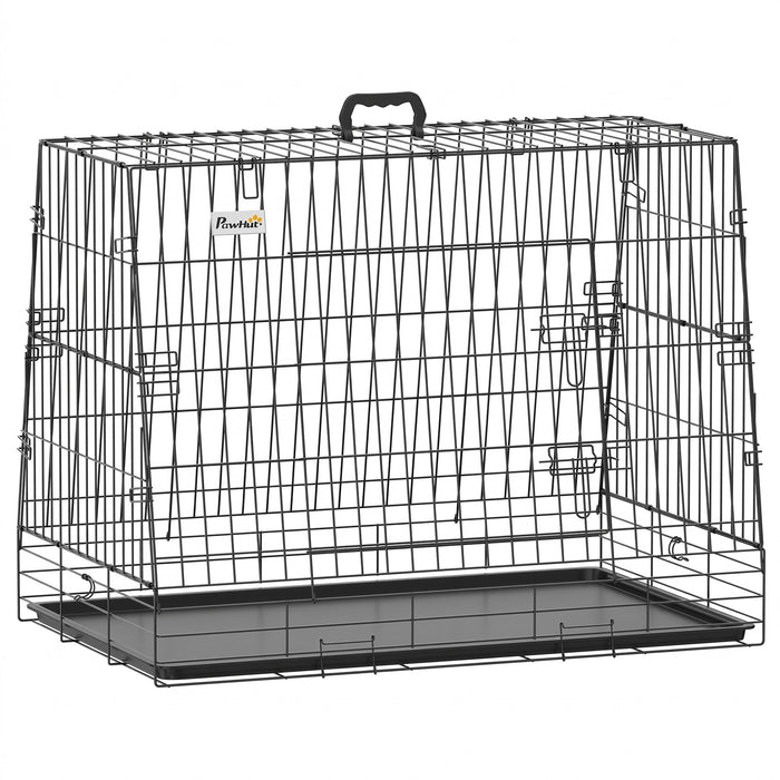 PawHut 35"(90 cm) Car Dog Crate Medium Large Collapsible Slanted Travel Dog Cage with Tray for Car Boot