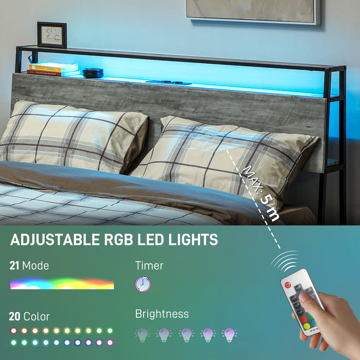 HOMCOM Double Steel Bed Frame, with LED Lights and Headboard Shelf - Grey