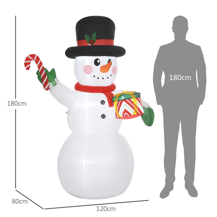 Outsunny 6FT Christmas Inflatable Snowman with Candy Cane and Gift Box, Christmas Blow Up Snowman with Built-in LED Light for Indoor, Outdoor, Party | Aosom UK