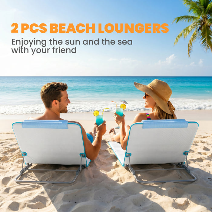 Outsunny Set of 2 Foldable Garden Beach Chair Mat, Lightweight Outdoor Sun Lounger Seats with Adjustable Back, Metal Frame, PE Fabric Head Pillow and Carry Bag, Cream White