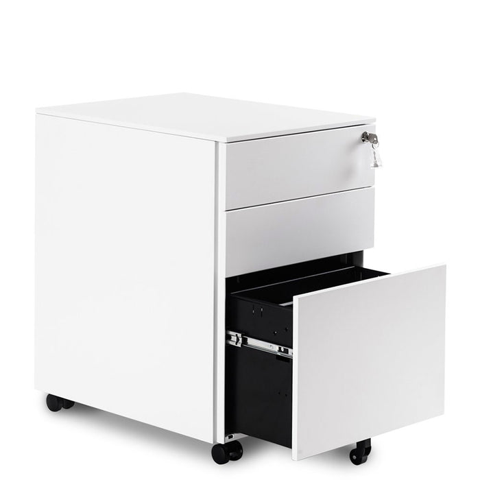 3-Drawer Mobile File Cabinet - Solid Steel Pedestal with 5 Casters, Lockable with Keys, 39x52x60 cm, White - Secure Document Storage for Home and Office Use