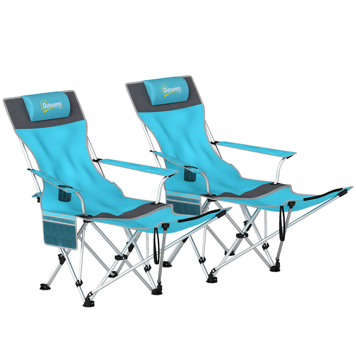 Outsunny Set of 2 Reclining Folding Camping Chair w/ Detachable Footrest, Storage Bag, Cup Holder & Headrest, Blue and Grey