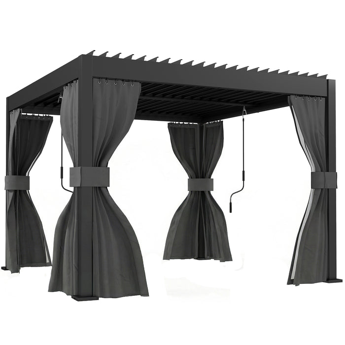Outsunny 3 x 3 m Louvered Pergola with Adjustable Metal Louvred Roof, Aluminium Patio Gazebo with Netting and Curtains, Dark Grey