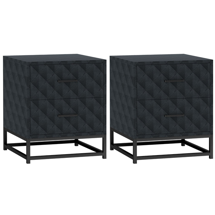 HOMCOM Bedside Tables Set of 2, Modern Bedside Table Nightstand with 2 Drawers, Bedside Cabinet Sofa Side Table with Storage, Steel Legs for Bedroom, Living Room, Black