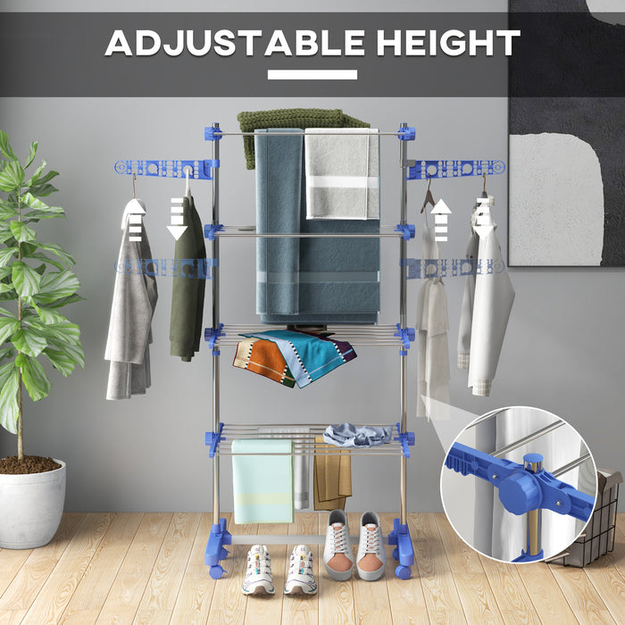 4-Tier Clothes Airer - Foldable Stainless Steel Drying Rack with Wheels and Wings for Indoor/Outdoor Use - Space-Saving Laundry Solution for Home or Apartment