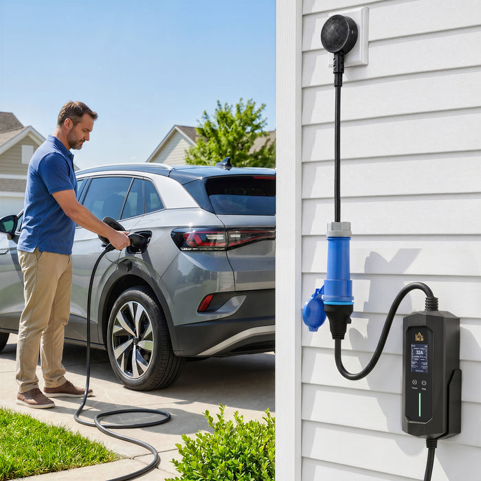 HOMCOM EV Charger 7kW Type 2 to CEE 32A Plug with UK Adapter, 10 m, 6-32A, Electric Car Charger w/ 1-12 h Time Delay