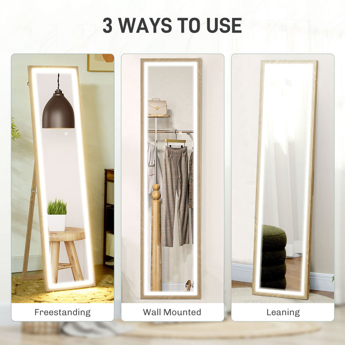 HOMCOM Full Length Mirror, with Adjustable Outer Light, Oak