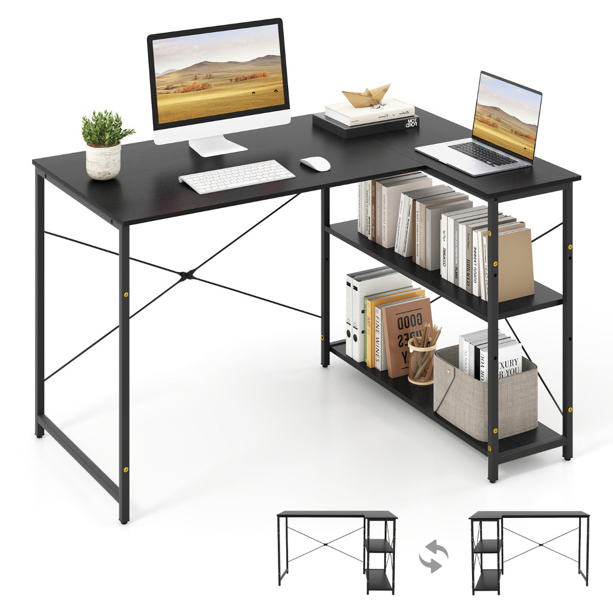 L-shaped Computer Desk Reversible Corner Desk with Adjustable Shelf-