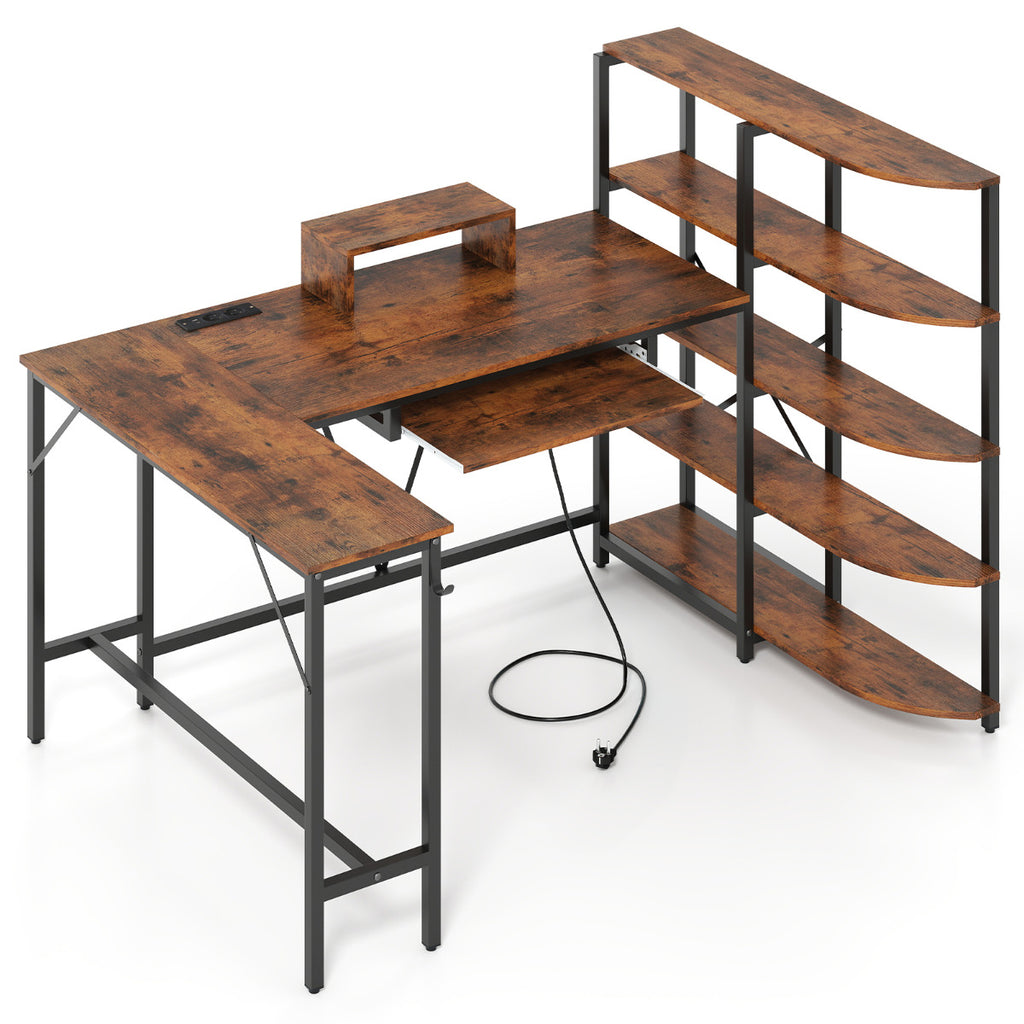 L Shaped Desk with Storage Shelves Corner Computer Desk with Charging Station-