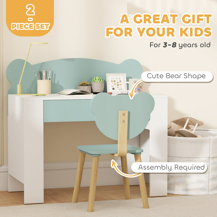 AIYAPLAY Kids Desk and Chair Set with Drawer for Drawing, Reading, Bear Theme Children Furniture for Bedroom, Daycare, Green