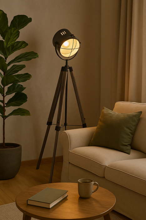 Vintage Spotlight Tripod Floor Lamp - Industrial Style, Wooden Legs, E27 Base, Adjustable Reading Lamp - Ideal for Living Room and Bedroom Lighting