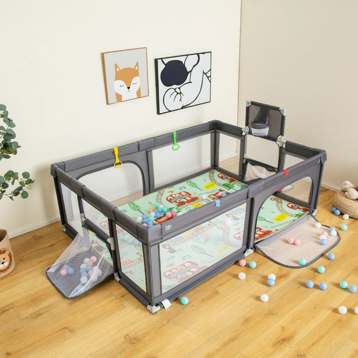 Large Baby Playpen with Mat with Basketball Hoop and Soccer Nets-