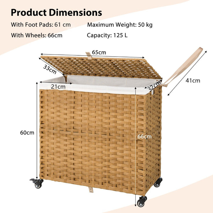 Laundry Hamper with Lid and Wheels and 2 Removable and Washable Liner Bags-