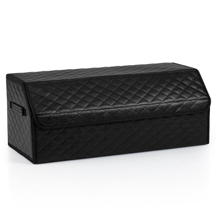 Leather Car Trunk Organizer with Lid Removable Divider and Large Capacity-Black-
