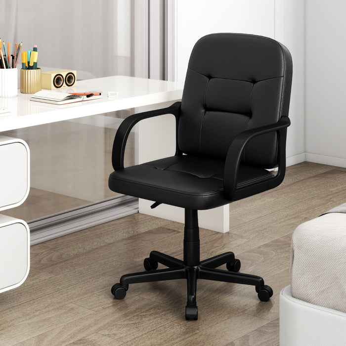 Leather Office Chair PU Upholstered Swivel Chair with Ergonomic Back and Curved Armrests-