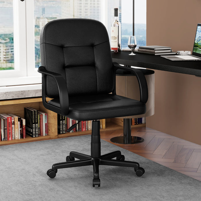 Leather Office Chair PU Upholstered Swivel Chair with Ergonomic Back and Curved Armrests-