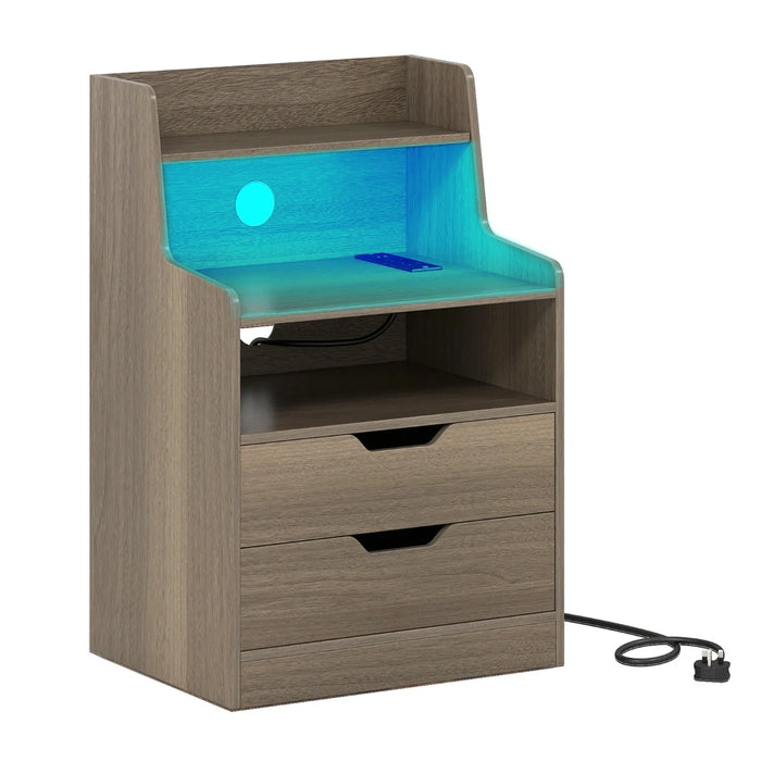 LED Nightstand with Charging Station 2-Drawer Bedside Table with Open Shelf-Rustic Brown