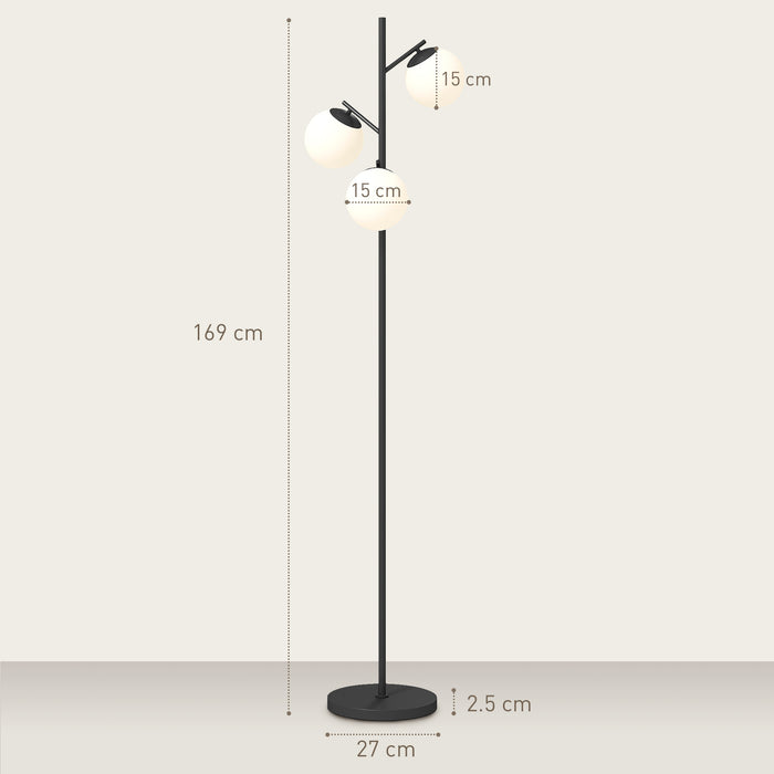 HOMCOM 3-Light Tree Floor Lamps for Living Room, Modern Standing Lamp for Bedroom with Globe Lampshade, Steel Base, Bulb not Included, Black