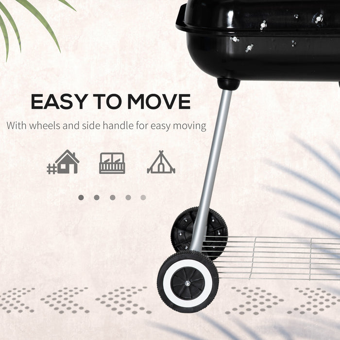 Outsunny Portable BBQ Charcoal Grill with 2 Wheels and Cooking Utensils, Smoker Grill with Lid for Outdoor Barbecues, Camping, Picnic, Courtyard