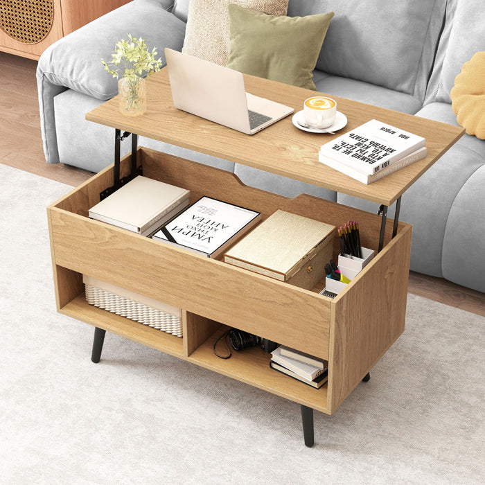 Lift Top Coffee Table with Hidden Compartment and Open Storage Shelves-
