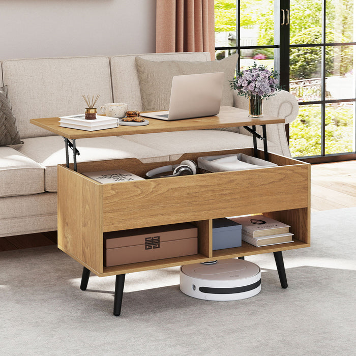 Lift Top Coffee Table with Hidden Compartment and Open Storage Shelves-
