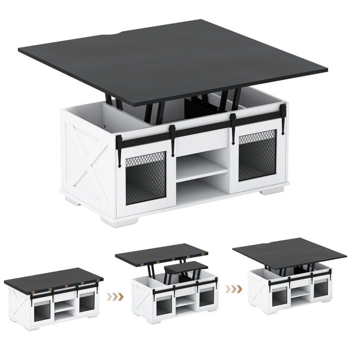 Lift Top Coffee Table with 2 Sliding Barn Doors and Open Shelves-White