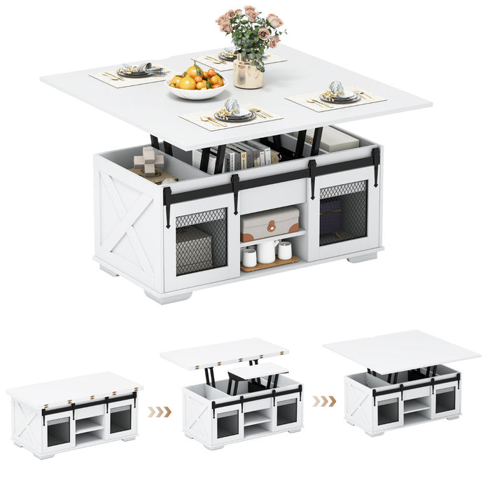 Lift Top Coffee Table with 2 Sliding Barn Doors and Open Shelves-White