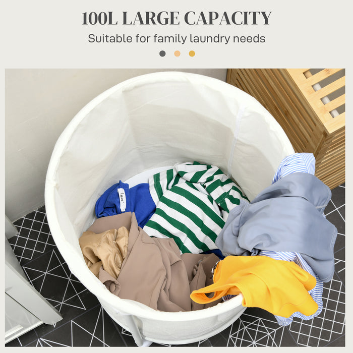 Large 100L Cream White Laundry Basket with Wheels - Round 50cm Hamper with Steel Frame and Removable Bag - Ideal for Bedroom, Bathroom, Laundry Room Organization